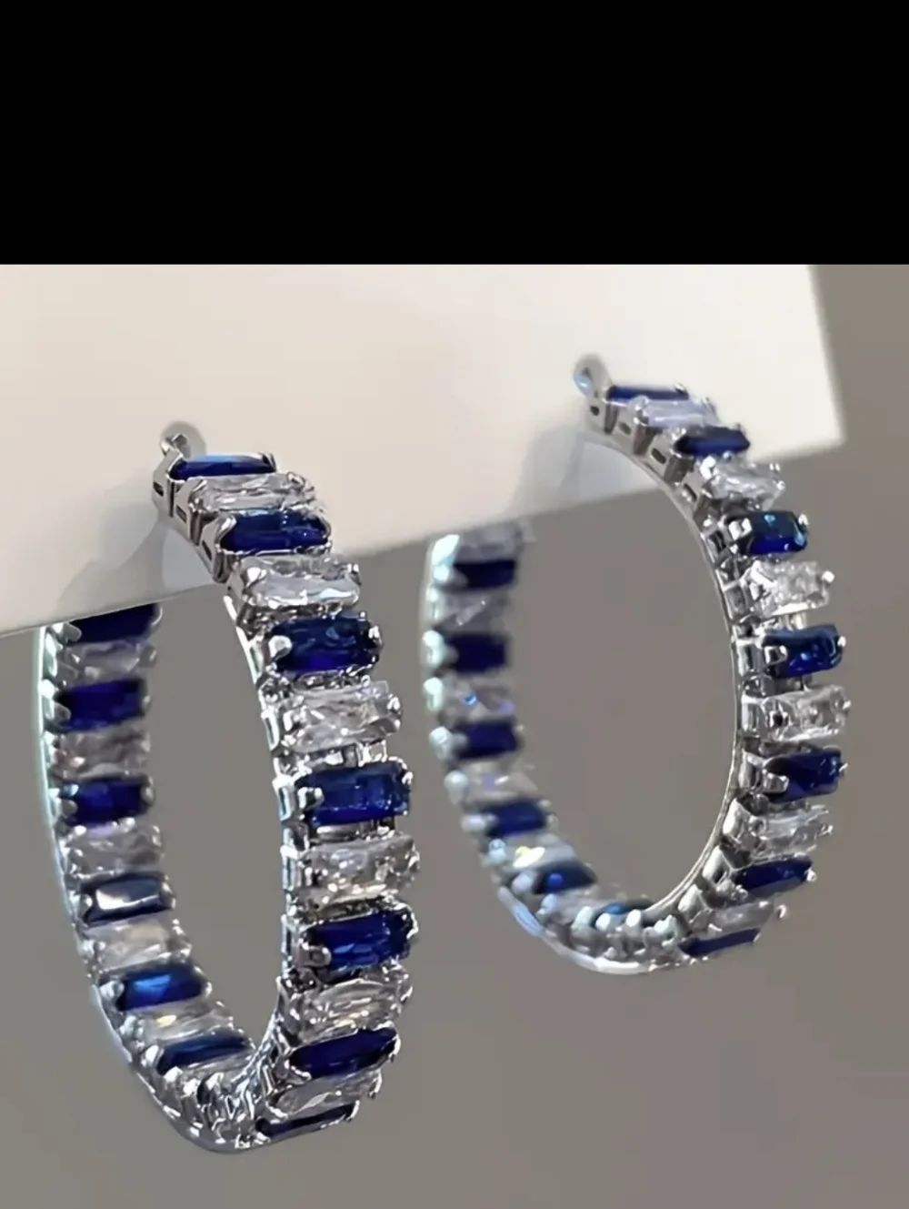 Silver Plated Blue Diamond Hoop Earrings